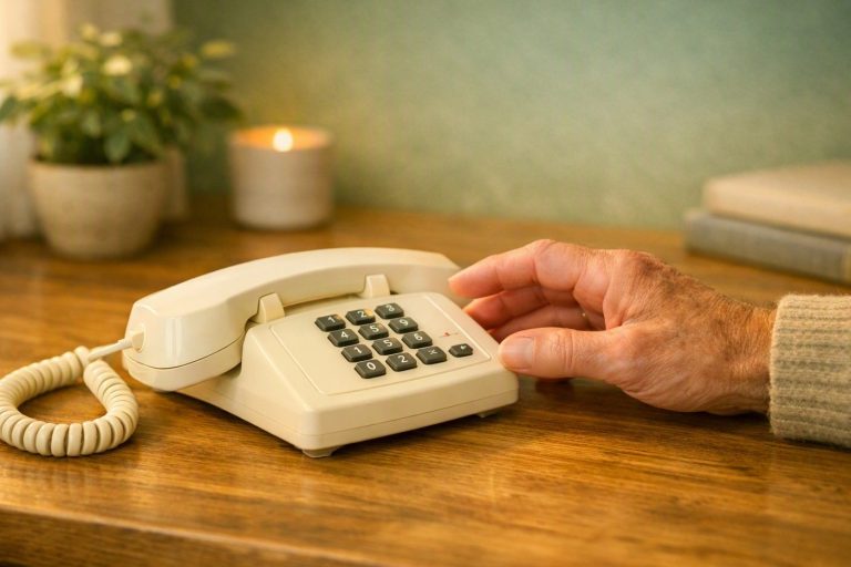 Beiges Telefon auf Holztisch – Symbolbild für medizinische Beratung am Telefon
