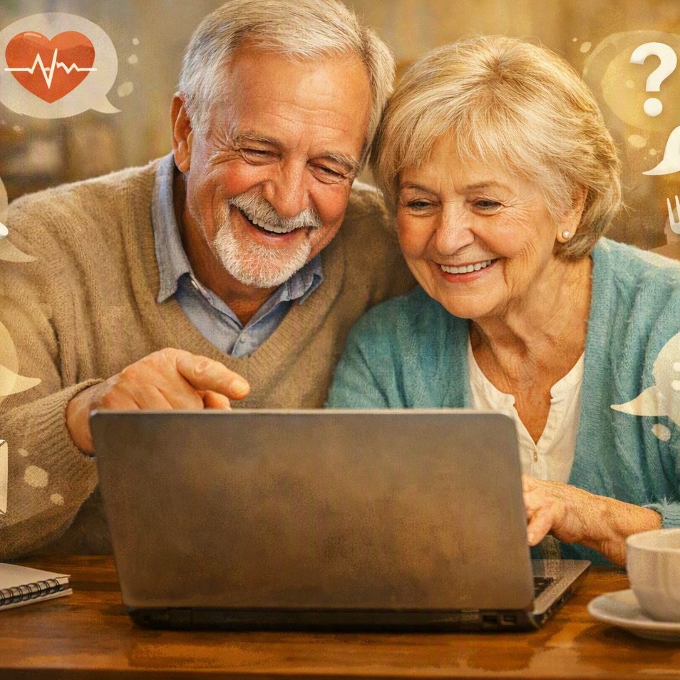 Älteres Paar sitzt gemeinsam am Laptop und informiert sich online – typische Internet‑Anfragen von Senioren zu Gesundheit und Alltag.