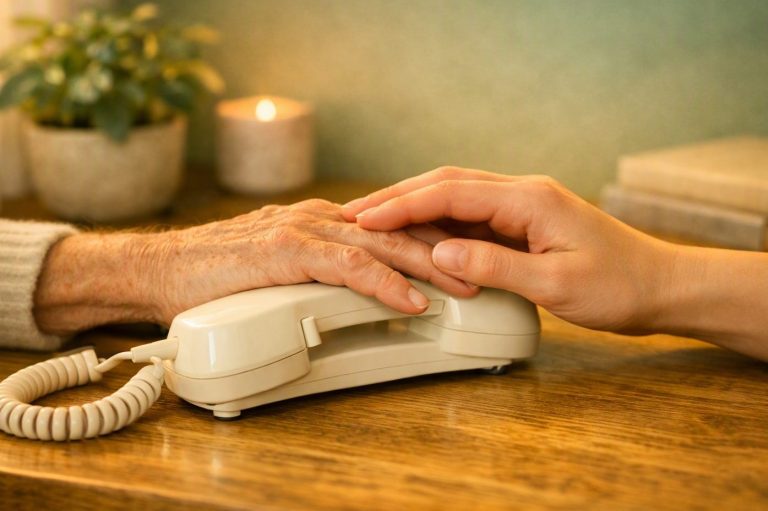 Jüngere Hand hält schützend die Hand einer älteren Person am Telefon – Symbolbild für ärztliche Unterstützung für Angehörige.