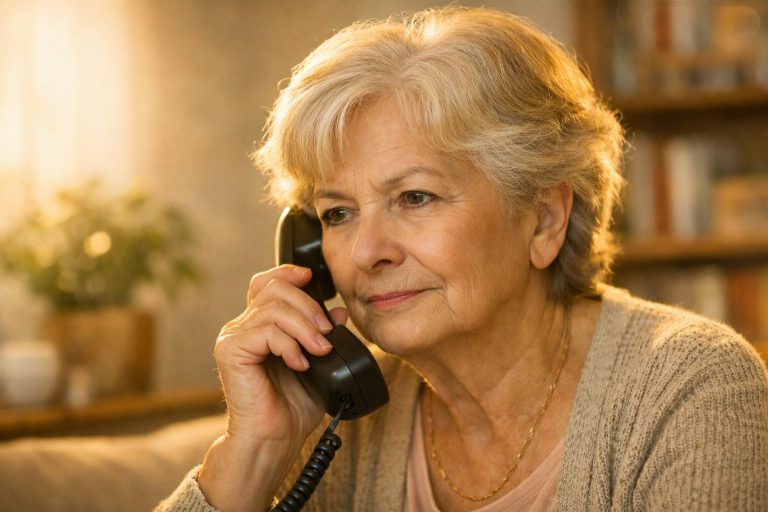 Seniorin telefoniert in ruhiger Wohnumgebung – Symbolbild für ärztliche Beratung am Telefon