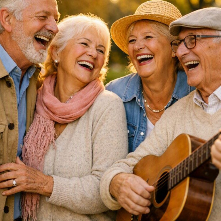 Ältere Menschen verbringen fröhlich Zeit miteinander im Freien, begleitet von Gitarrenmusik und goldenem Sonnenlicht