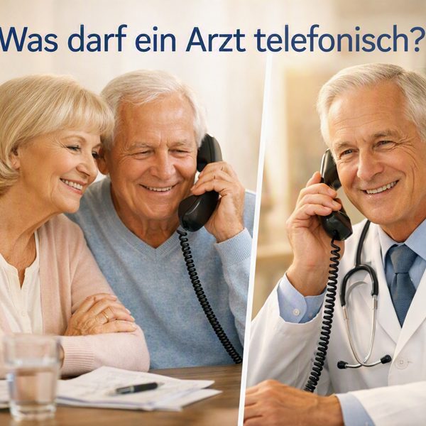 Älteres Ehepaar spricht telefonisch mit einem Arzt. Warmes Licht, vertrauensvolle Atmosphäre, Thema: Was darf ein Arzt telefonisch?