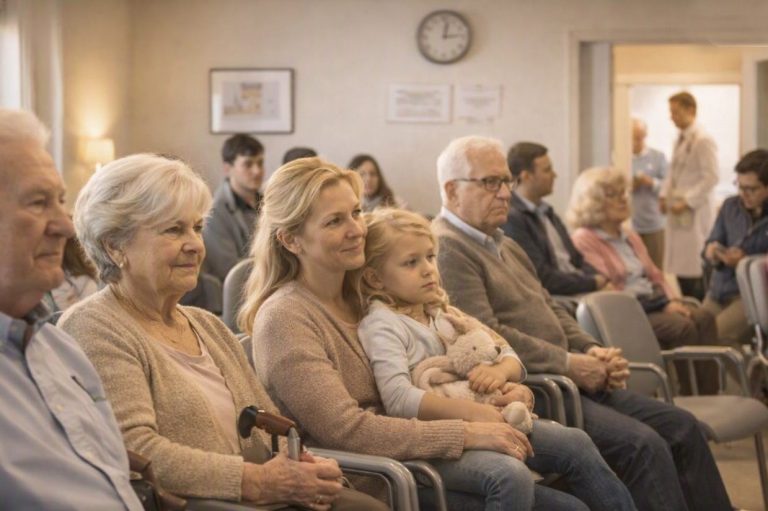 Volles Wartezimmer beim Arzt – Senioren, Kinder und Erwachsene warten auf ihren Termin